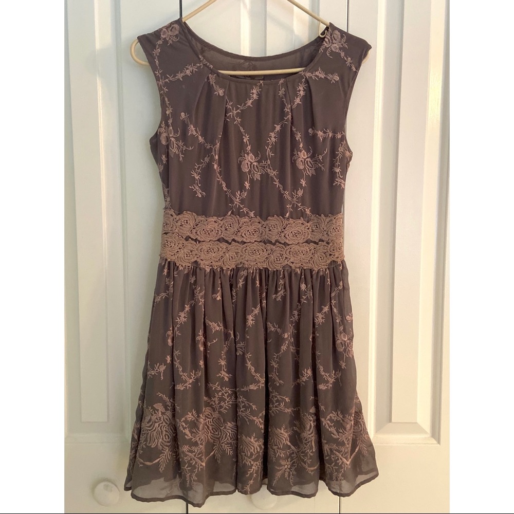 Purple Gray Embroidered Flower Dress
